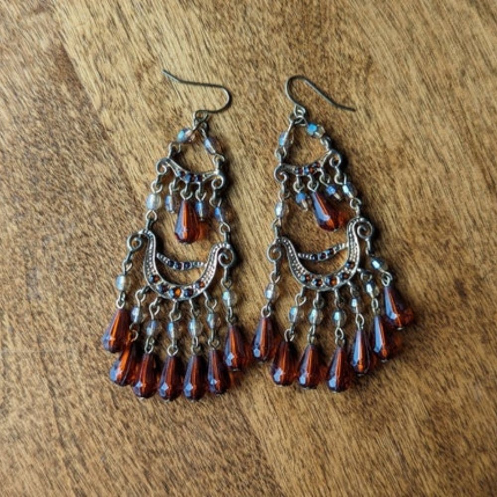 VINTAGE Boho Beaded Earrings Dangle Festival Gold Tone Embellished Accessories - Picture 1 of 7